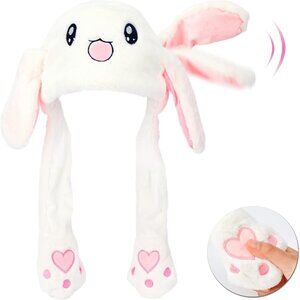 Kids White Animal Hat with Ears Moving Jumping Pop Up Beating Plush Holiday